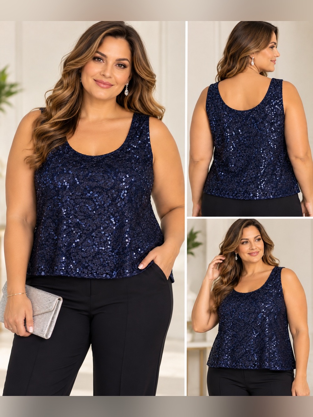NWT R&M Richards Women 22W Navy Sequin Lace Tank Top Plus Size Evening Blouse.